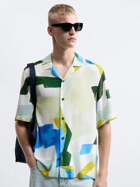 Zara Short-Sleeve Abstract Button-Down Shirt in White, Blue, Green, Yellow